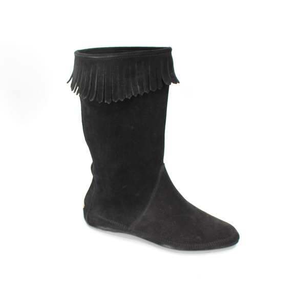 Jimmy Choo Wave Black Suede Fringe Trim Mid-Calf Moccasin Boots 37.5 Round Flats - Picture 1 of 7